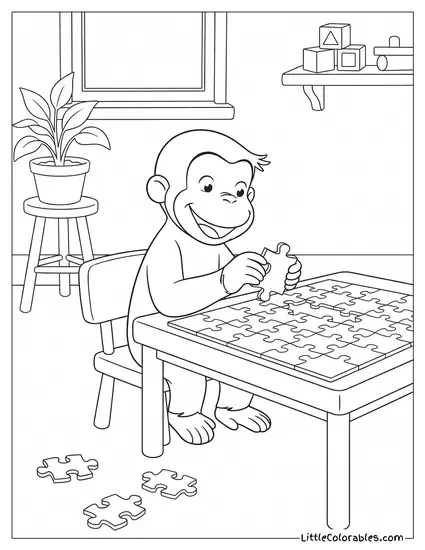 Curious George Putting a Puzzle Piece Into Place Happily Coloring Page