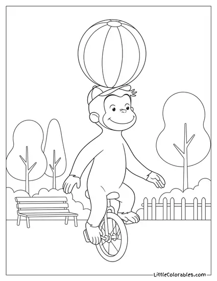 Curious George Riding a Small Unicycle Balancing a Ball Coloring Page