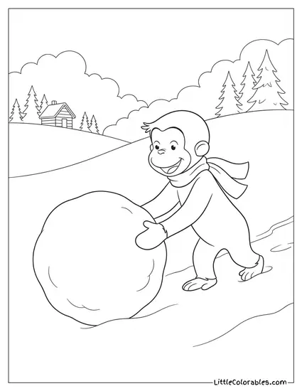 Curious George Rolling a Giant Snowball Down a Hill Coloring Page