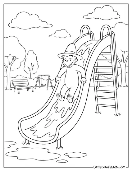 Curious George Sliding Down a Slippery Muddy Playground Slide Coloring Page