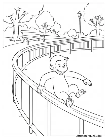 Curious George Sliding Fast Down a Long Metal Railing Coloring Page
