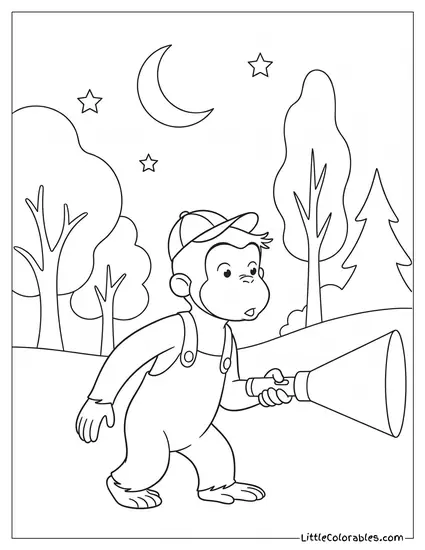 Curious George Sneaking Tiptoe With a Flashlight at Night Coloring Page