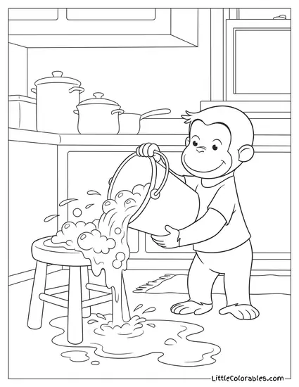 Curious George Spilling a Bucket of Soapy Water Everywhere Coloring Page