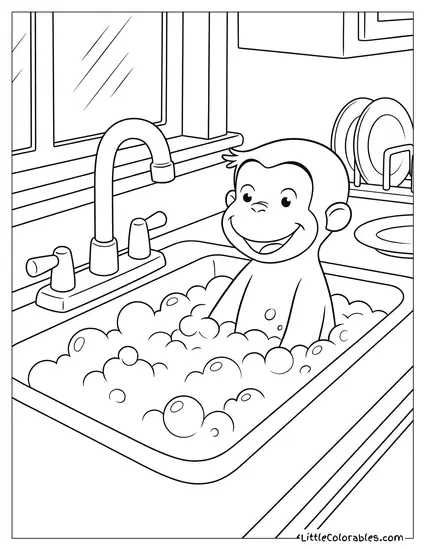 Curious George Splashing Happily Inside a Bubbly Kitchen Sink Coloring Page