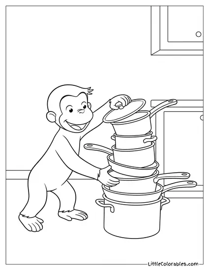 Curious George Stacking Shiny Silver Pots and Pans Loudly Coloring Page