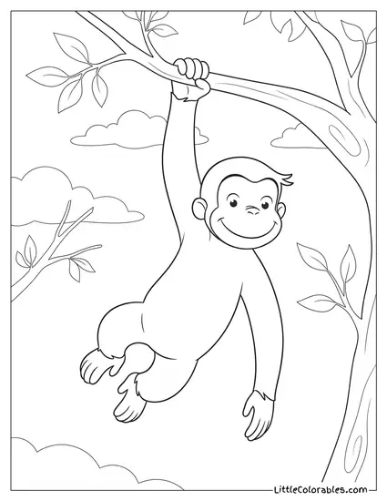 Curious George Swinging Gracefully From Tree Branch to Branch Coloring Page