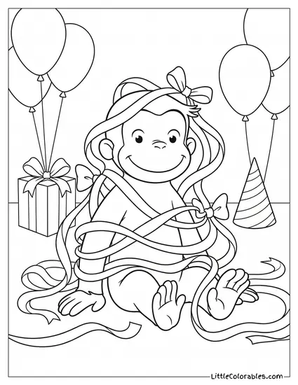 Curious George Wrapping Himself Completely in Shiny Birthday Ribbon Coloring Page