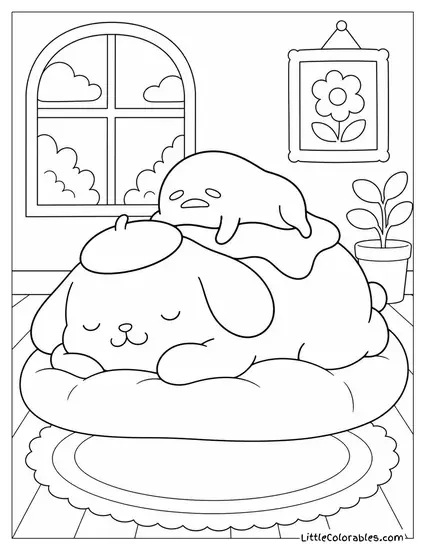 Gudetama Draped Over Pompompurin While He Sleeps Coloring Page