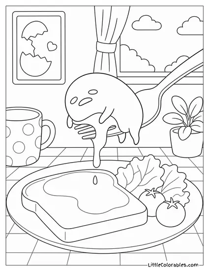 Gudetama Drooping Off a Fork Mid Bite Coloring Page