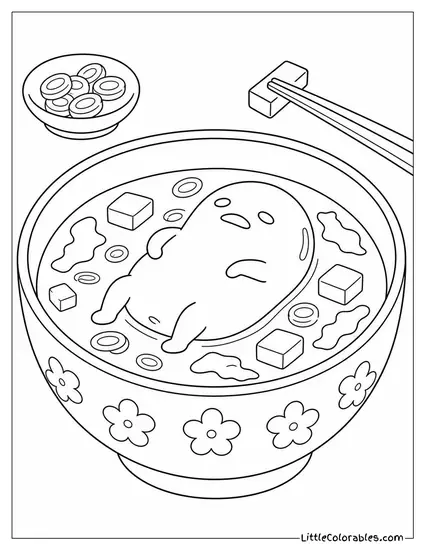 Gudetama Floating Belly Up in a Bowl of Miso Soup Coloring Page