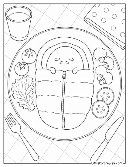 Gudetama in a Sleeping Bag on a Dinner Plate Coloring Page