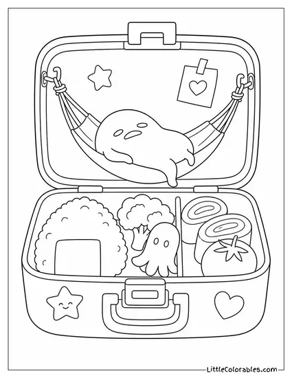 Gudetama in a Tiny Hammock Strung Inside a Lunchbox Coloring Page