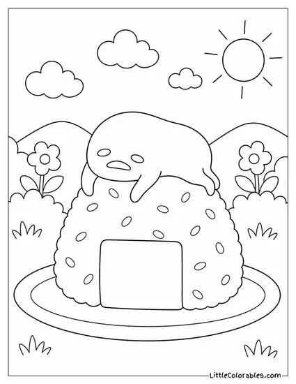 Gudetama Lying on Top of a Rice Ball Coloring Page