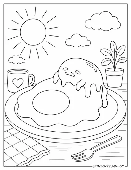 Gudetama Melting Over the Edge of a Sunny Side Egg Coloring Page