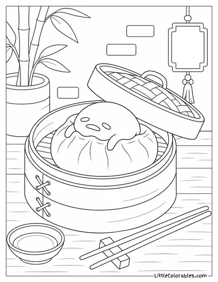 Gudetama Napping Inside a Dumpling Steamer Basket Coloring Page