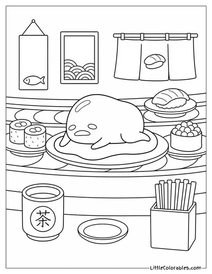 Gudetama on a Conveyor Belt at a Sushi Restaurant Coloring Page