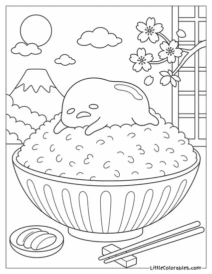 Gudetama on a Pile of Fluffy Rice Coloring Page