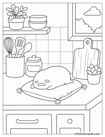 Gudetama on a Tiny Pillow on a Kitchen Counter Coloring Page