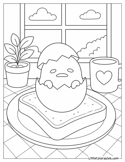 Gudetama Peeking Out of a Cracked Egg on Toast Coloring Page