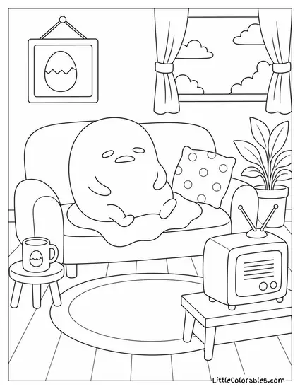 Gudetama Sitting on a Couch Watching a Tiny TV Coloring Page