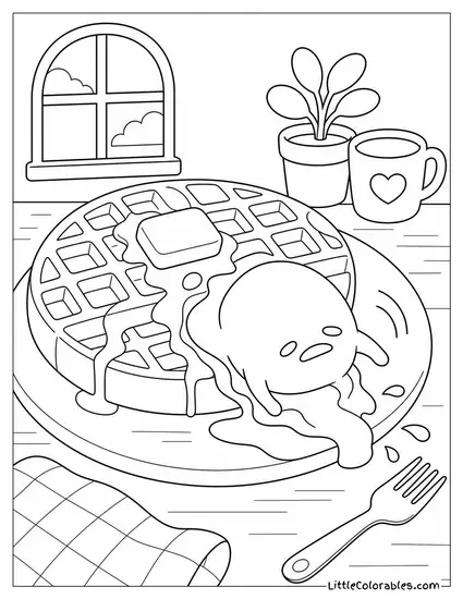 Gudetama Slipping Off a Waffle with Syrup Coloring Page