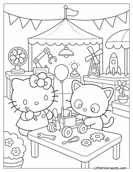 Hello Kitty and Chococat at a Tiny Invention Fair Coloring Page