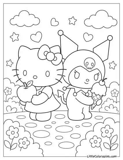 Hello Kitty and Kuromi Back to Back Holding Opposite Things Coloring Page