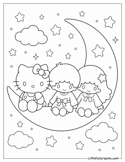 Hello Kitty and Little Twin Stars on a Crescent Moon Together Coloring Page
