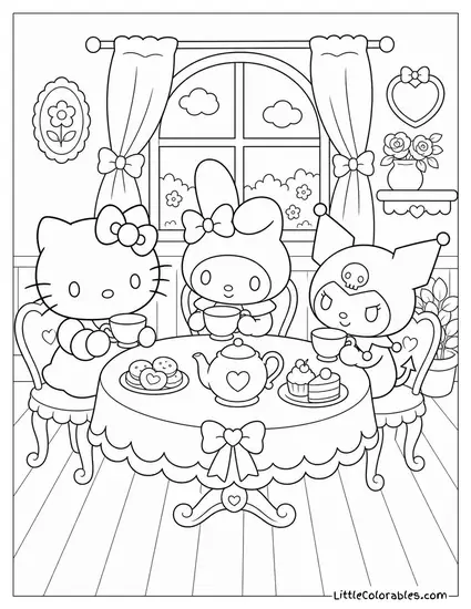 Hello Kitty and My Melody and Kuromi at a Three Way Tea Table Coloring Page