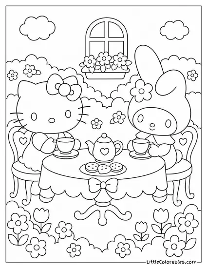Hello Kitty and My Melody Having a Tea Party Together Coloring Page