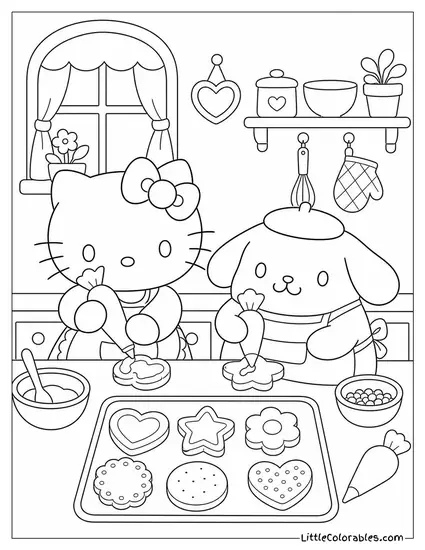 Hello Kitty and Pompompurin in Matching Aprons Decorating Cookies Coloring Page
