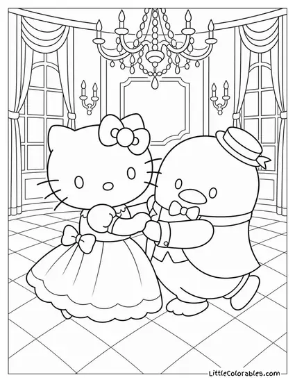 Hello Kitty and Tuxedo Sam at a Ballroom Dance Floor Coloring Page