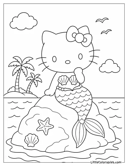 Hello Kitty as a Mermaid on a Rock Coloring Page