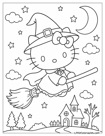 Hello Kitty as a Witch on a Broomstick Coloring Page