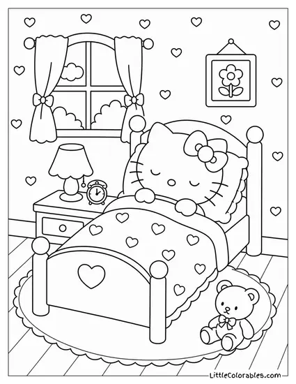 Hello Kitty Asleep in a Tiny Bed Coloring Page