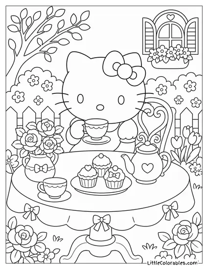 Hello Kitty at a Tea Party Table Coloring Page