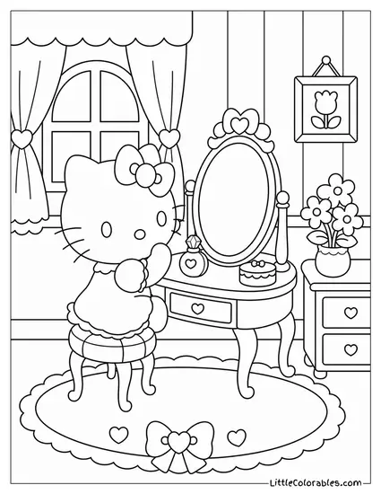 Hello Kitty at a Tiny Vanity Mirror Coloring Page