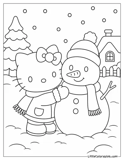 Hello Kitty Building a Snowman Coloring Page