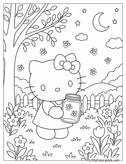 Hello Kitty Catching Fireflies in a Mason Jar Coloring Page