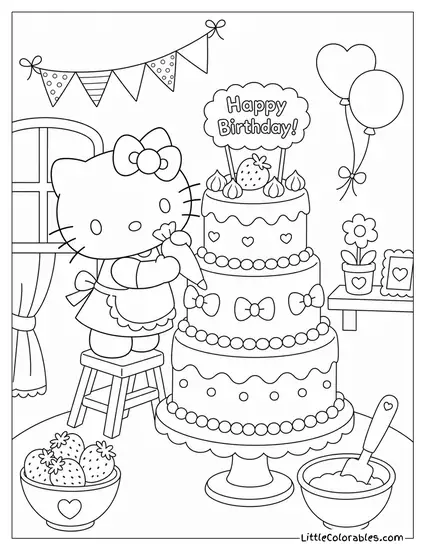 Hello Kitty Decorating a Tall Birthday Cake Coloring Page