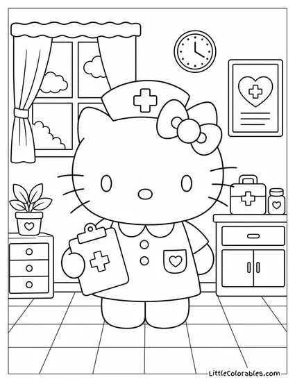 Hello Kitty Dressed as a Nurse Coloring Page
