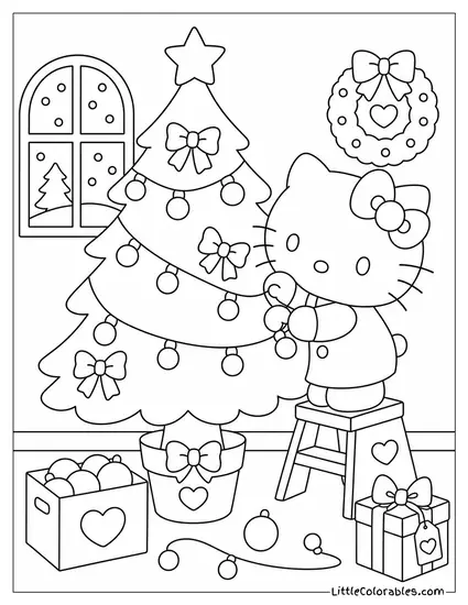 Hello Kitty Hanging Lights on a Christmas Tree Coloring Page