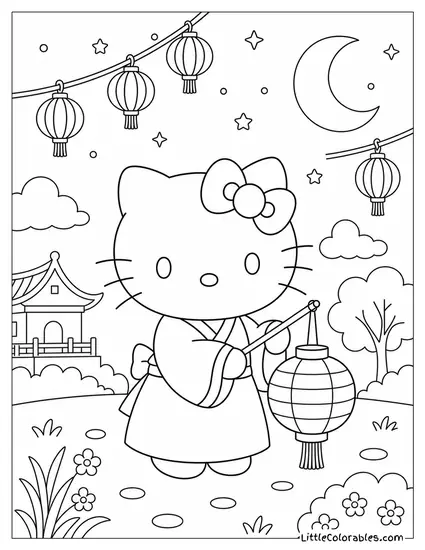 Hello Kitty Holding a Paper Lantern at Night Coloring Page