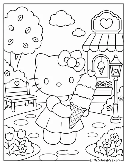 Hello Kitty Holding a Triple Scoop Cone Coloring Page