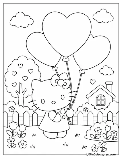 Hello Kitty Holding Oversized Heart Balloons Coloring Page