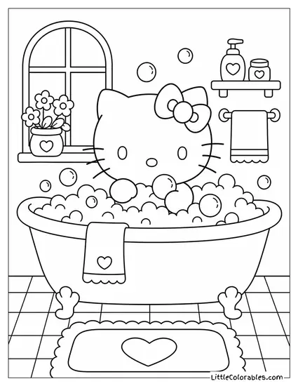 Hello Kitty in a Bubble Bath Coloring Page