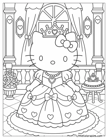 Hello Kitty in a Princess Dress and Crown Coloring Page