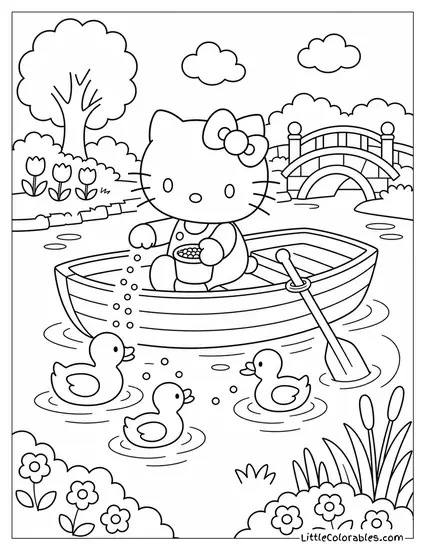 Hello Kitty in a Rowboat Feeding Ducks Coloring Page