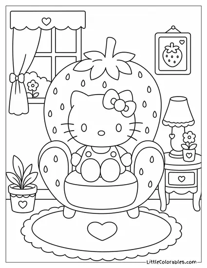 Hello Kitty in a Strawberry Shaped Armchair Coloring Page