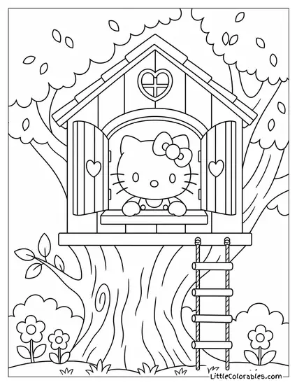 Hello Kitty in a Treehouse Window Coloring Page